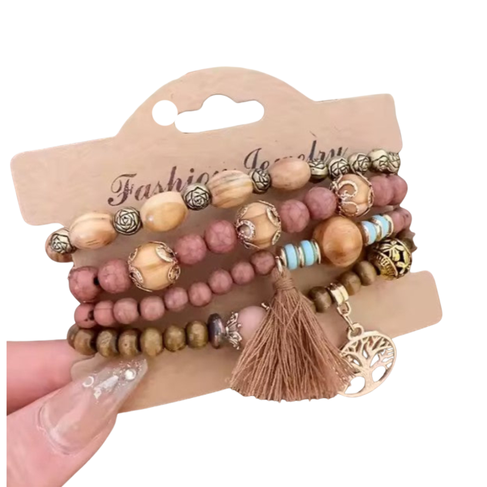 Boho 4 layer bracelet for girls, pink boho set, pink bead bracelet set