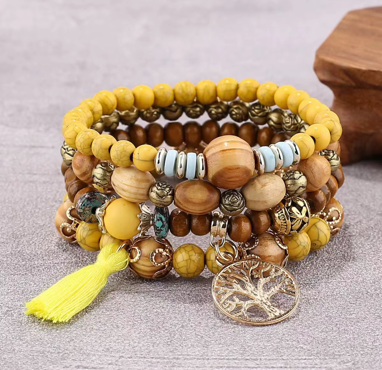 Boho 4 layer bracelet for girls, yellow boho set, yellow bead bracelet set