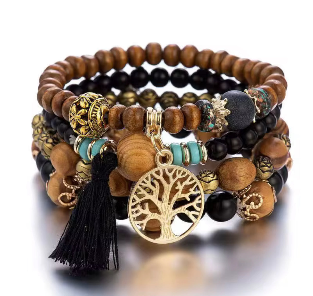 Boho 4 layer bracelet for girls, black boho set, black bead bracelet set