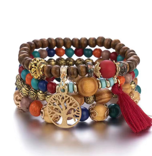 Boho 4 layer bracelet for girls, red boho set, red bead bracelet set