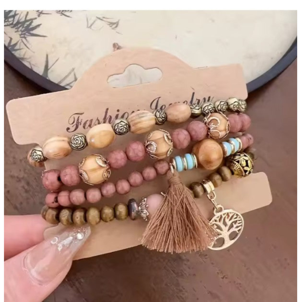 Boho 4 layer bracelet for girls, pink boho set, pink bead bracelet set