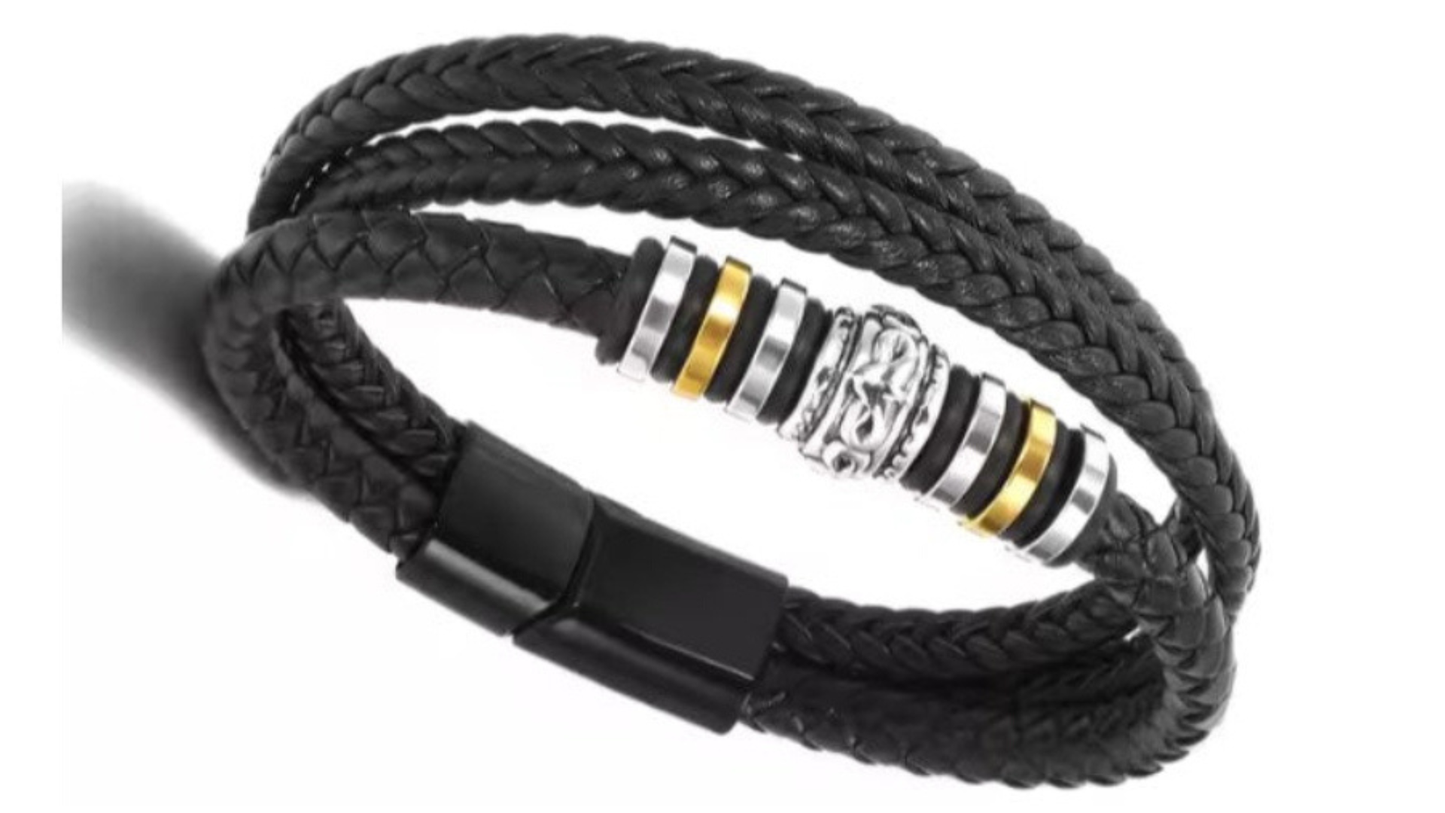 Mens Leather Bracelet with gold and silver rings
