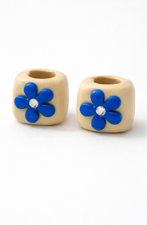 Flower Loc Bead – Cream & Blue | Handmade Polymer Clay Hair Jewelry