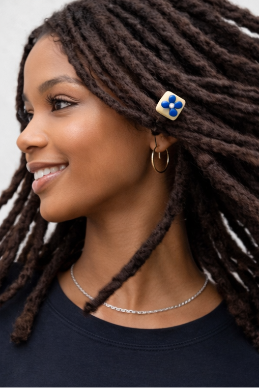 Flower Loc Bead – Cream & Blue | Handmade Polymer Clay Hair Jewelry