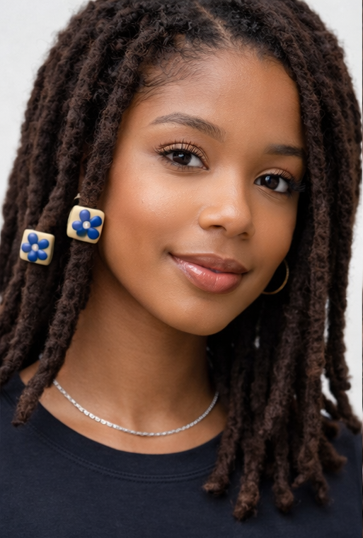 Flower Loc Bead – Cream & Blue | Handmade Polymer Clay Hair Jewelry