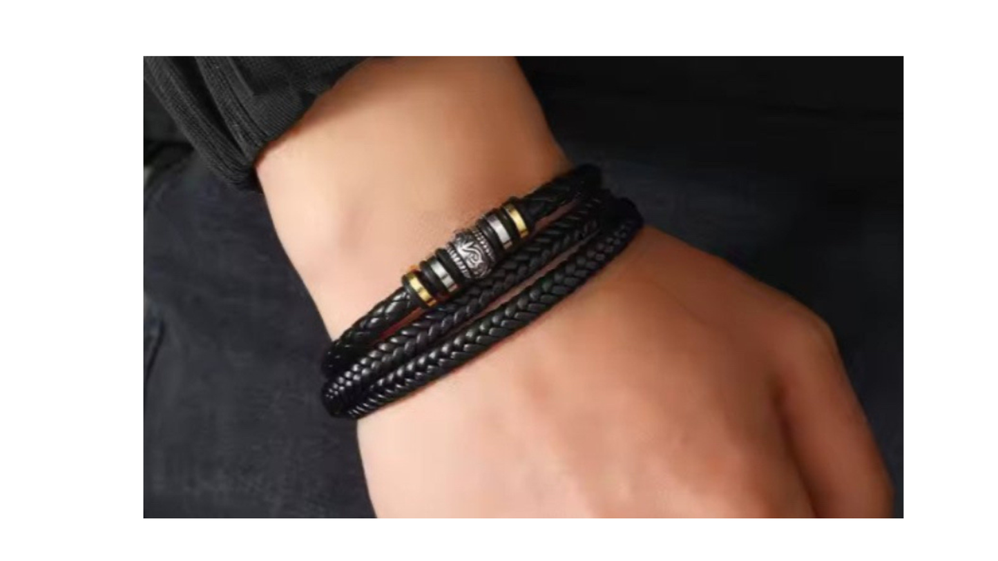 Mens Leather Bracelet with gold and silver rings