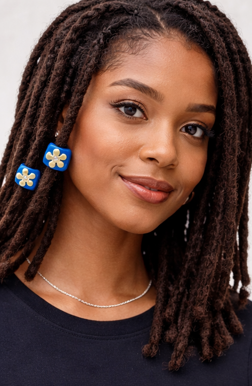 Flower Loc Bead – Blue & Cream | Handmade Polymer Clay Hair Jewelry