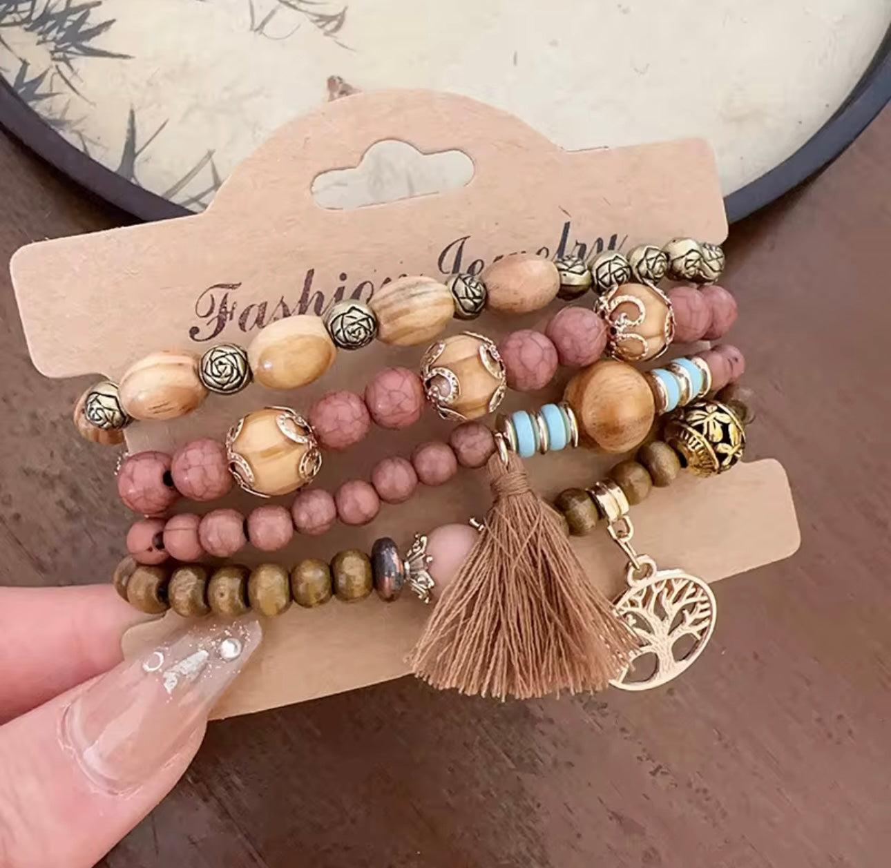 Boho 4 layer bracelet for girls, brown boho set, brown bead bracelet set