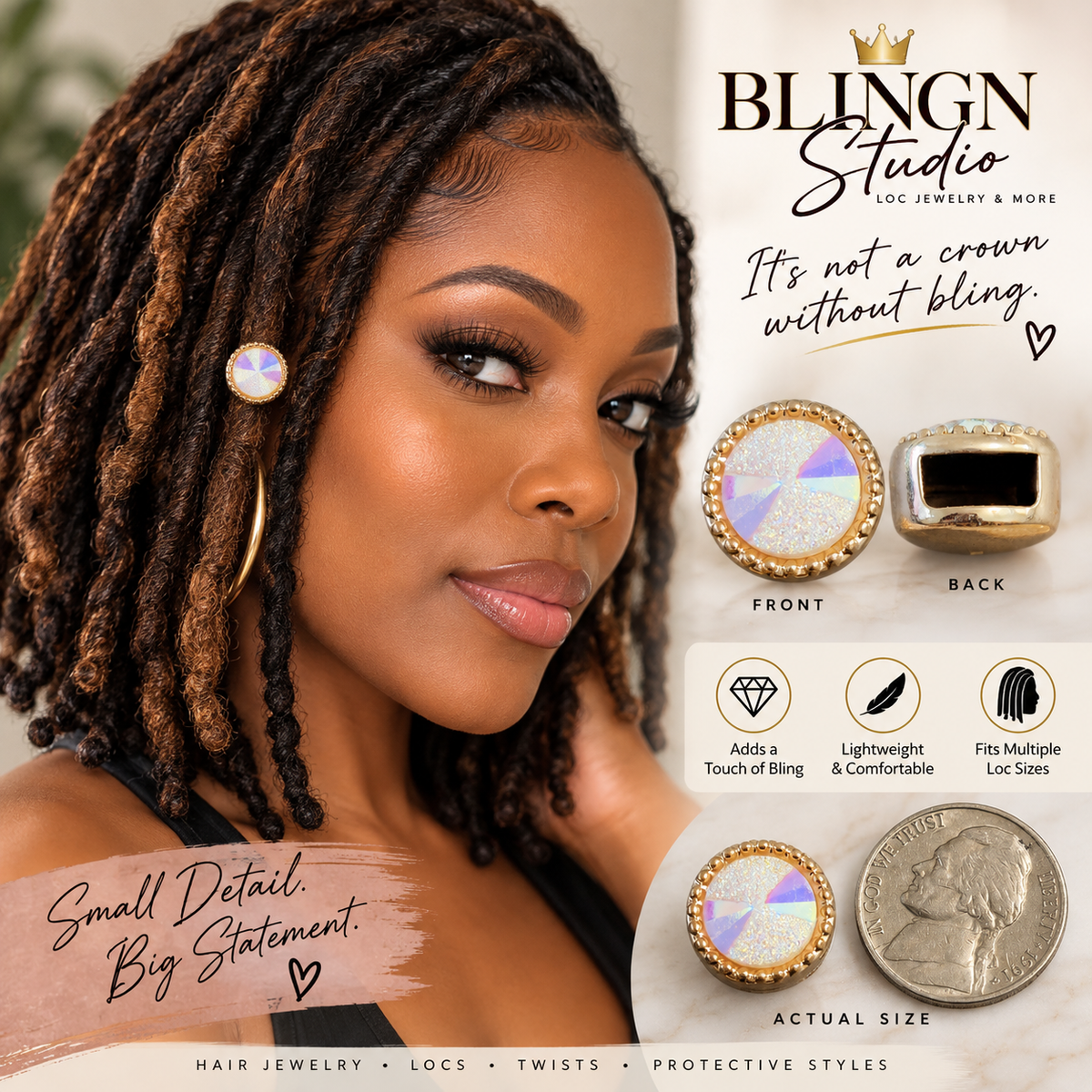 BlingN Studio graphic showing the halo loc bead front, back, and actual size next to a nickel
