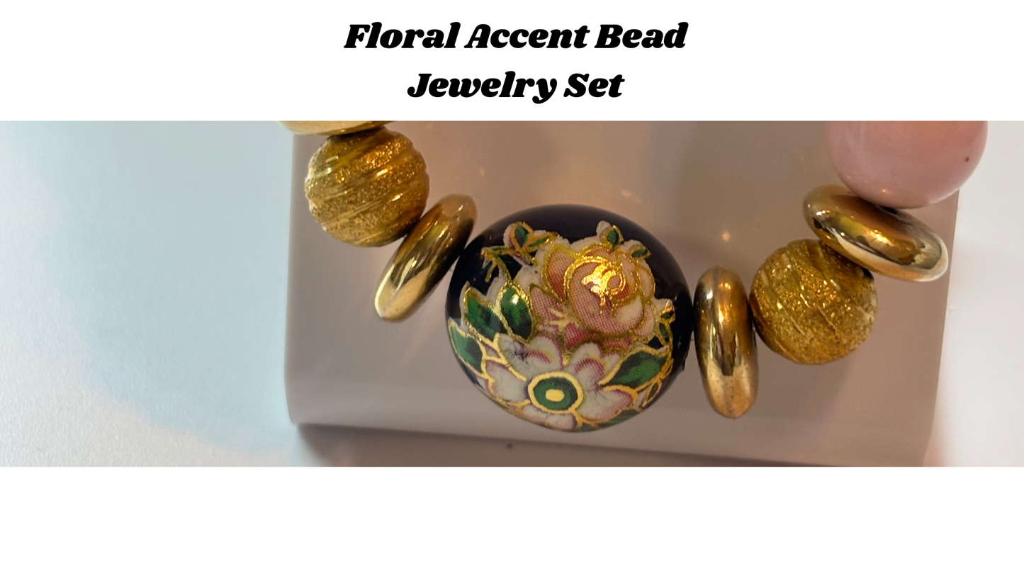 Pink Beaded Jewelry Set – Floral Accent Stretch Bracelet & Earrings | Unique Handmade Gift for Her, Birthday or Mother’s Day