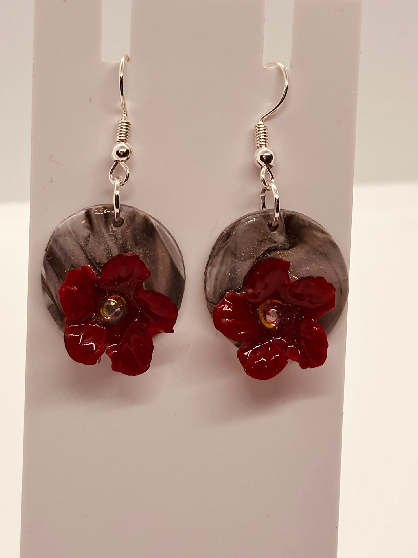 Gem & Crimson Bloom Statement Earrings | Handmade Marbled Gray Disc with Red Floral Accent | Lightweight Dangle Jewelry