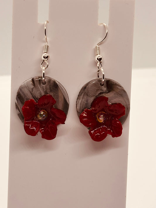 Gem & Crimson Bloom Statement Earrings | Handmade Marbled Gray Disc with Red Floral Accent | Lightweight Dangle Jewelry