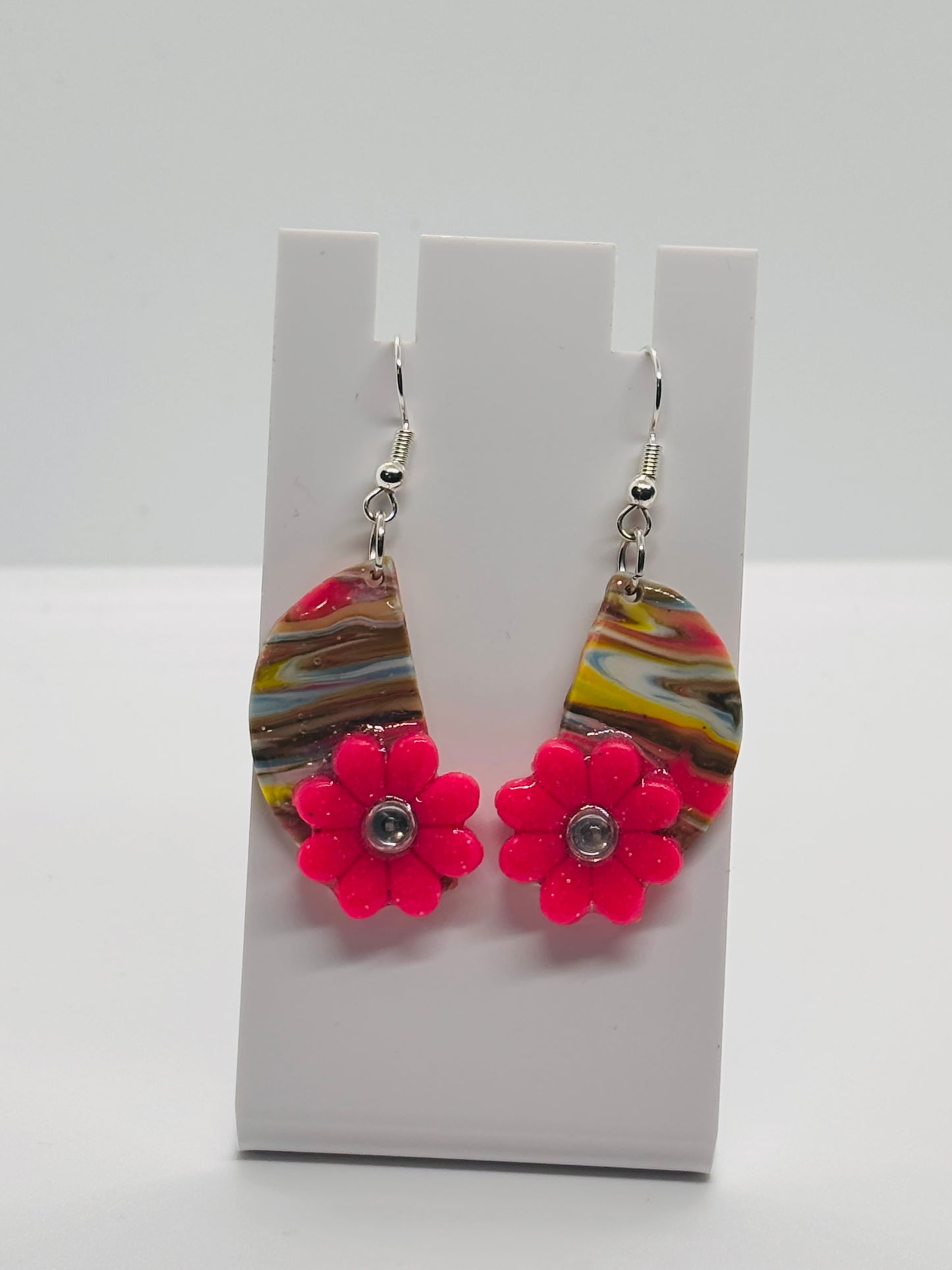Blue Yellow and Pink Bloom Marble Drop Earrings