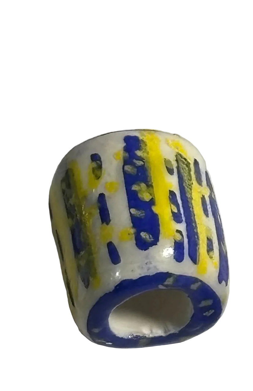 Hand Painted Loc Bead – Blue & Yellow Stripe Pattern | Artisan Dreadlock Bead