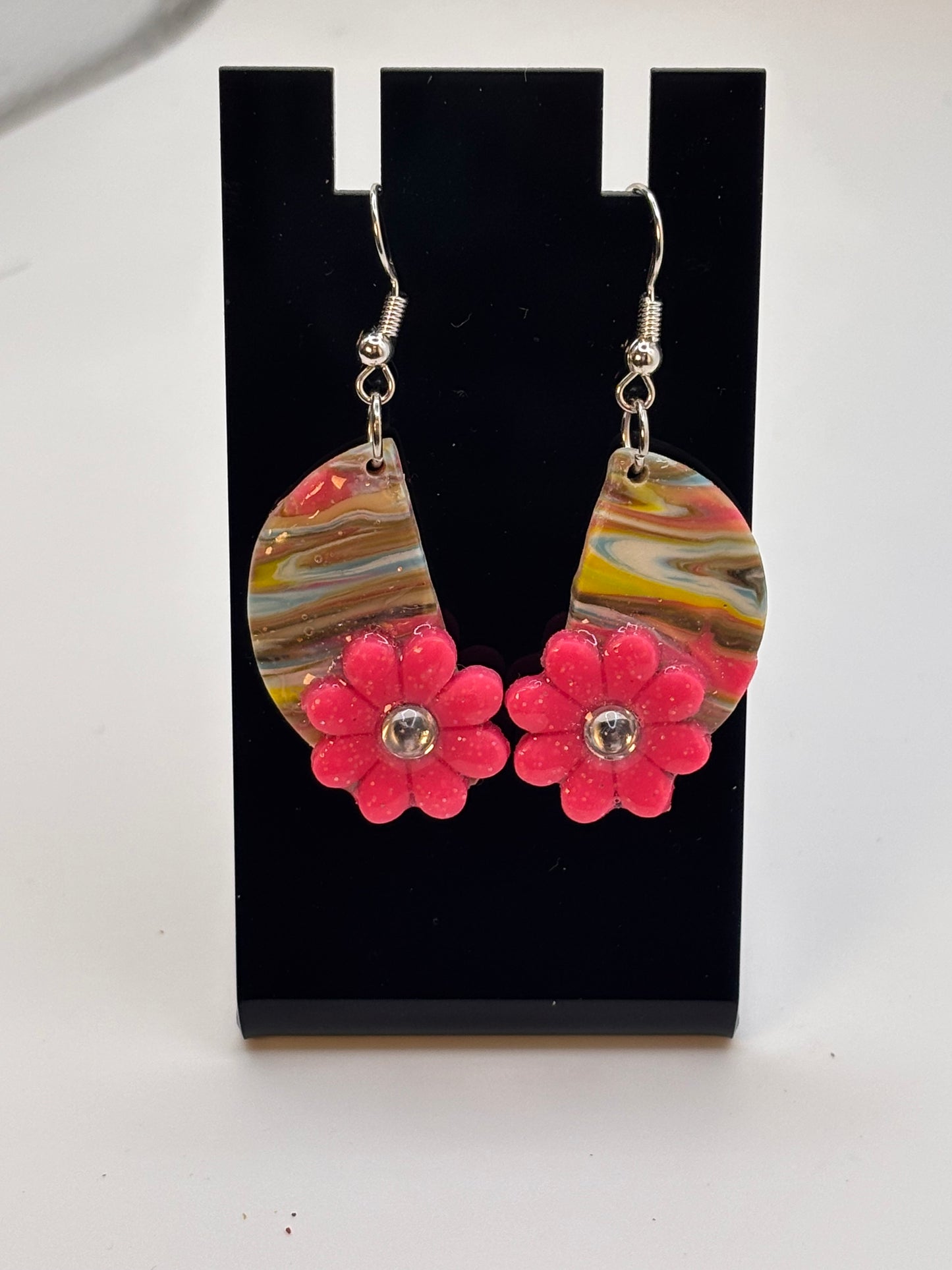 Blue Yellow and Pink Bloom Marble Drop Earrings