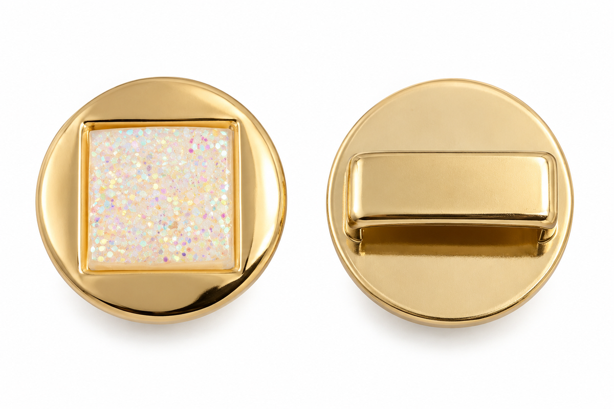 Iridescent square crystal loc bead in gold, shown front and back