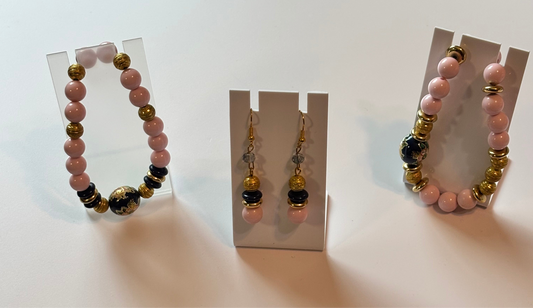 Pink Beaded Jewelry Set – Floral Accent Stretch Bracelet & Earrings | Unique Handmade Gift for Her, Birthday or Mother’s Day