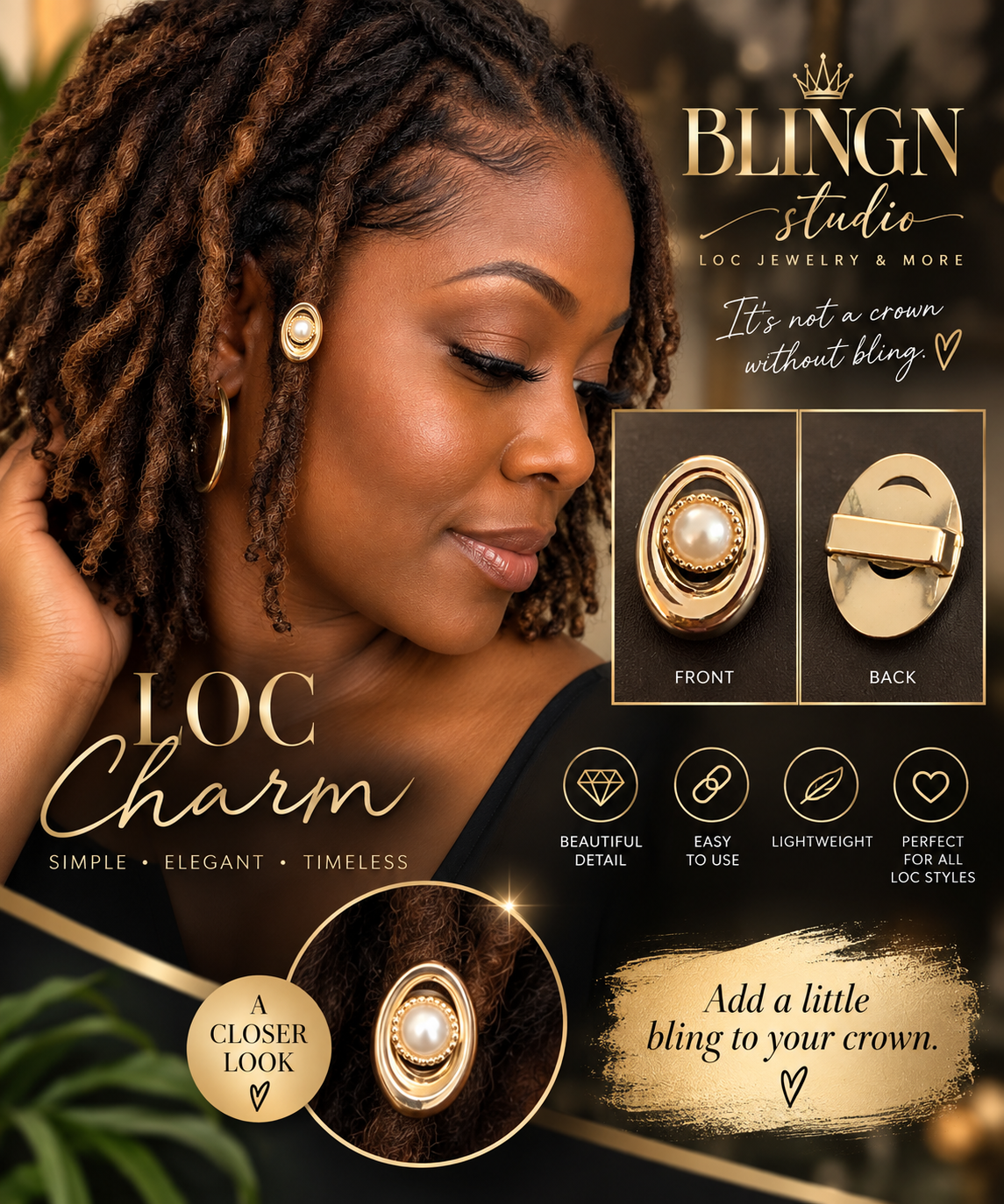 Woman wearing a gold pearl halo loc charm on her locs