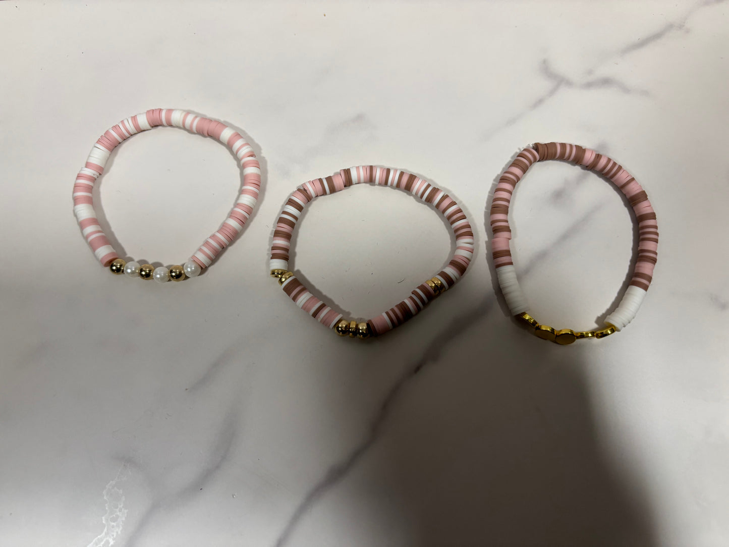 Clay Bracelet set in pink brown white, 