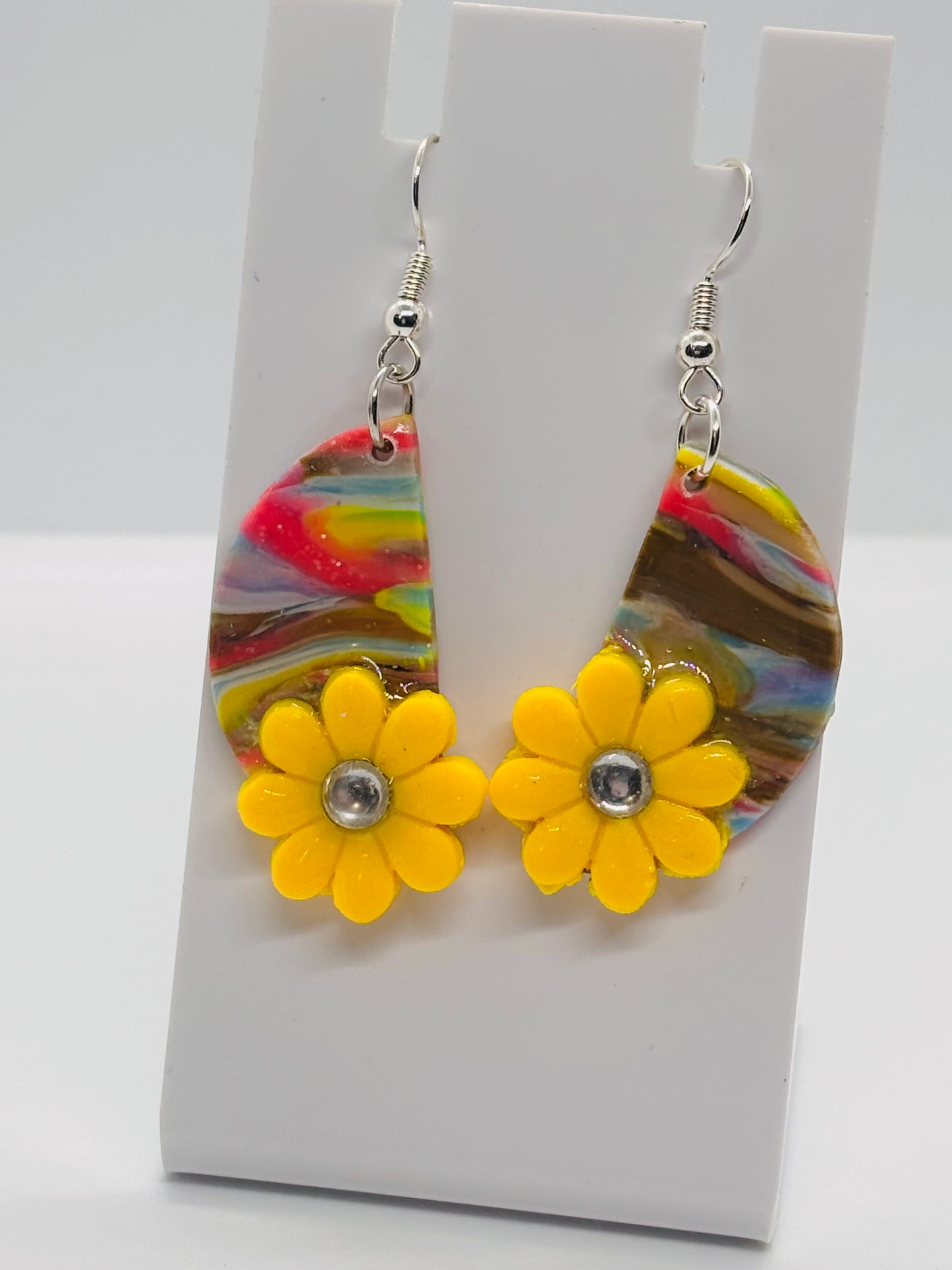 Blue Yellow and Pink Bloom Marble Drop Earrings
