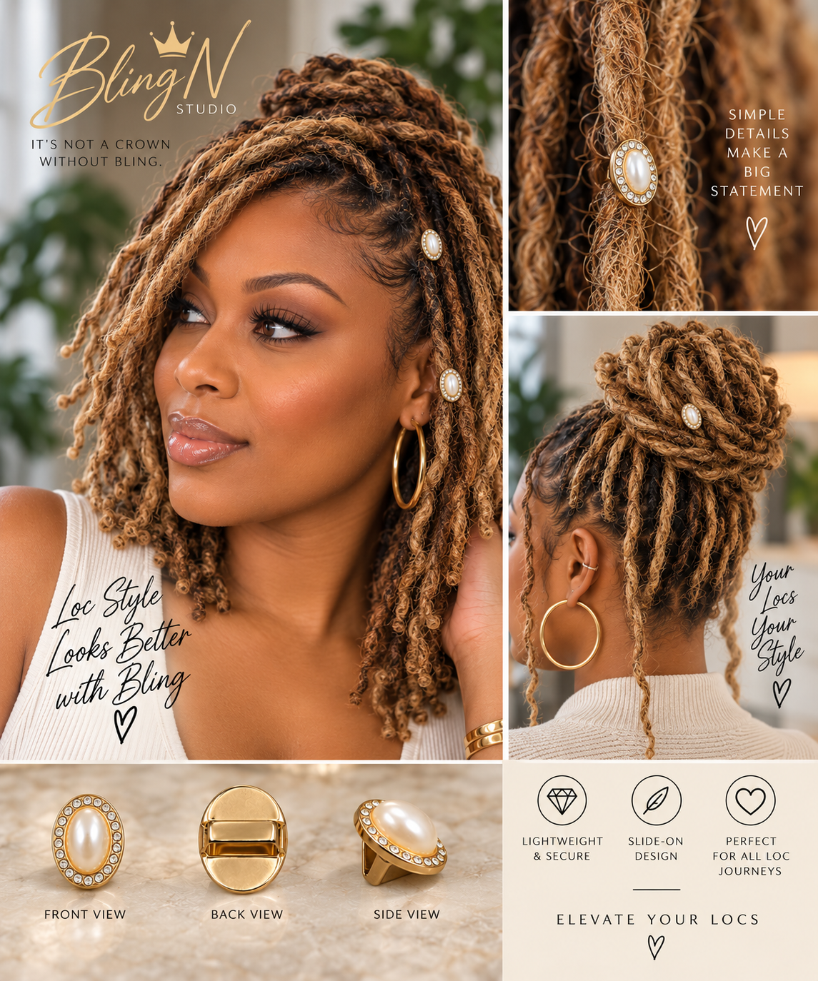 BlingN Studio graphic showing the crystal-framed pearl loc charm styled in locs with front, back, and side views