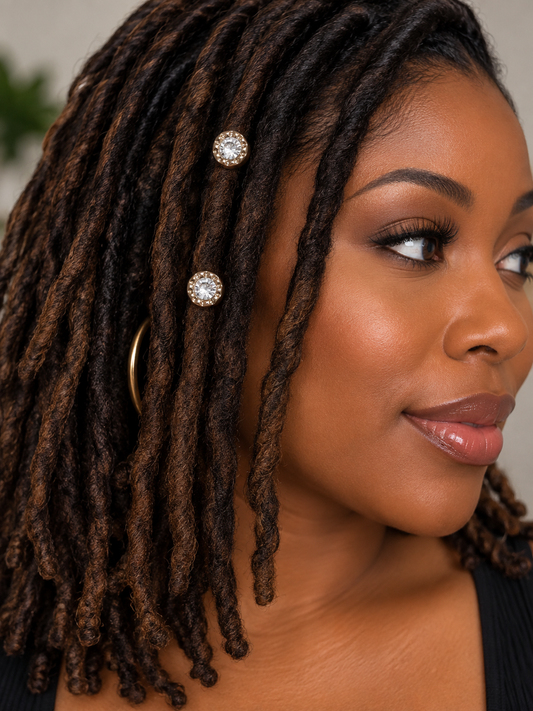 Woman wearing two gold solitaire crystal loc beads on her locs
