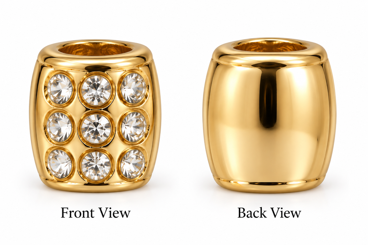 Gold-tone barrel loc bead shown front and back, front set with nine crystals