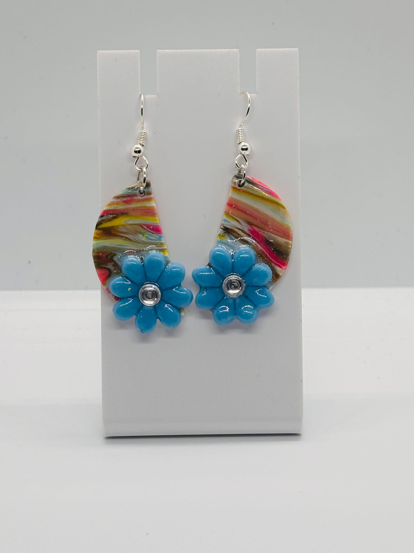 Blue Yellow and Pink Bloom Marble Drop Earrings