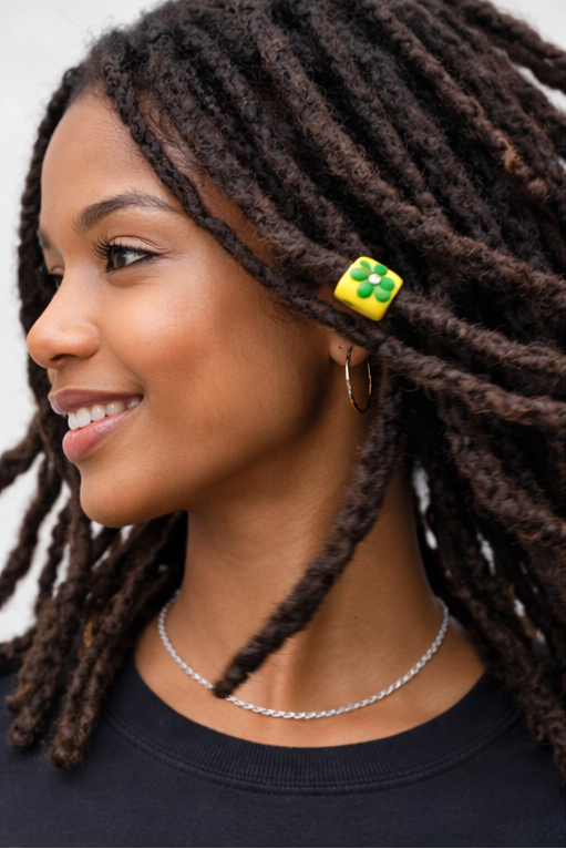 Flower Loc Bead – Yellow & Green | Handmade Polymer Clay Hair Jewelry
