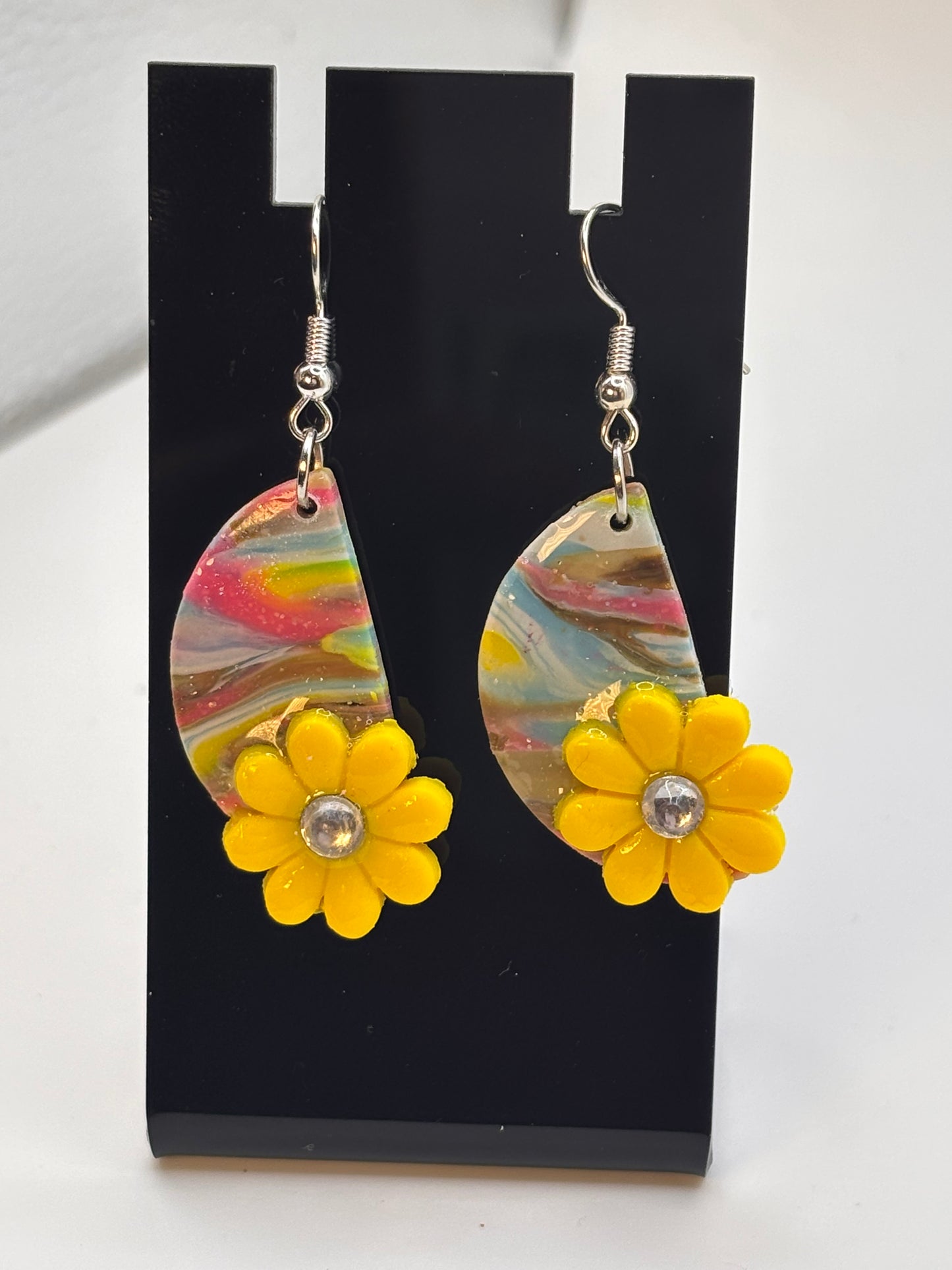 Blue Yellow and Pink Bloom Marble Drop Earrings
