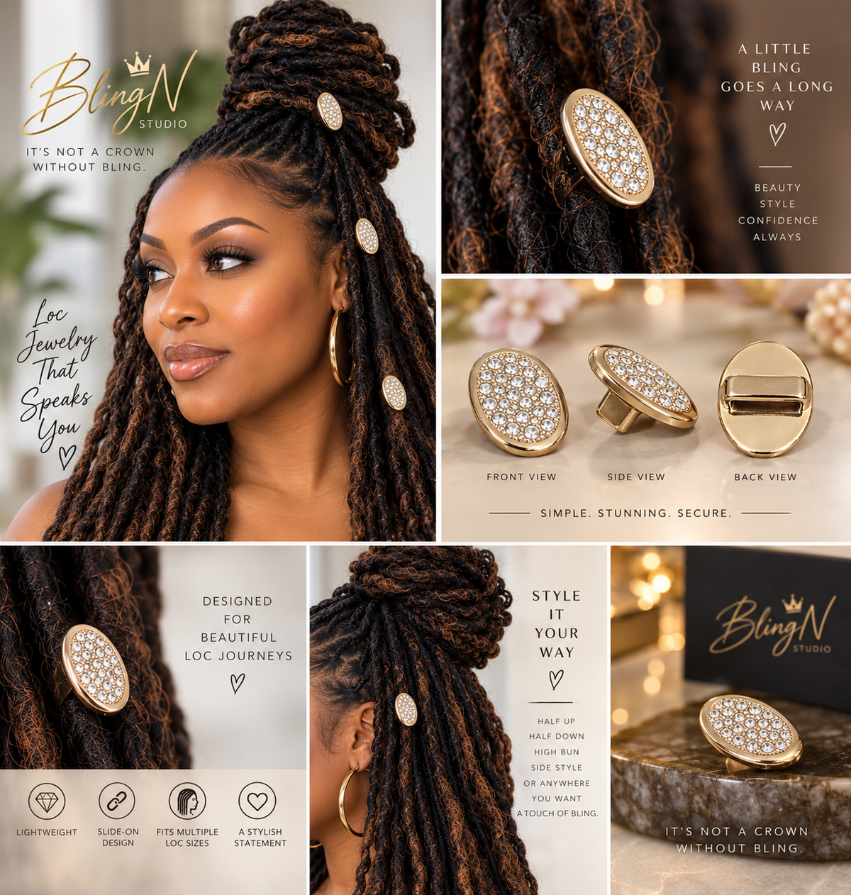 BlingN Studio graphic showing the pavé crystal loc charm front, side, and back views and styled in locs