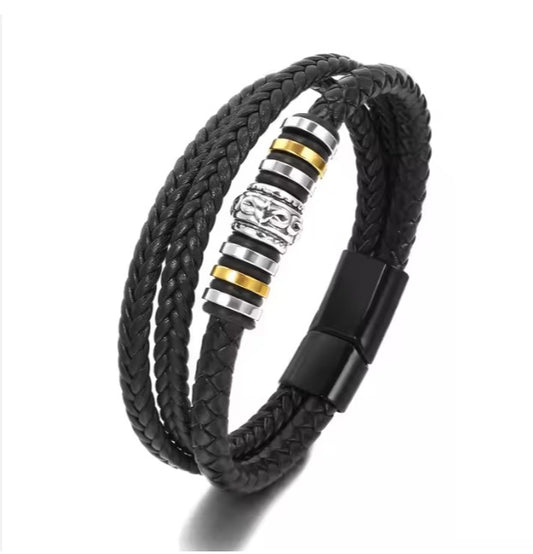 Mens Leather Bracelet with gold and silver rings