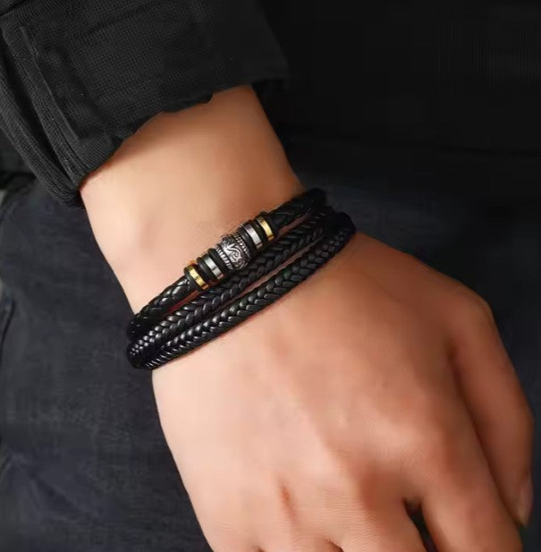 Mens Leather Bracelet with gold and silver rings