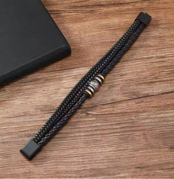 Mens Leather Bracelet with gold and silver rings