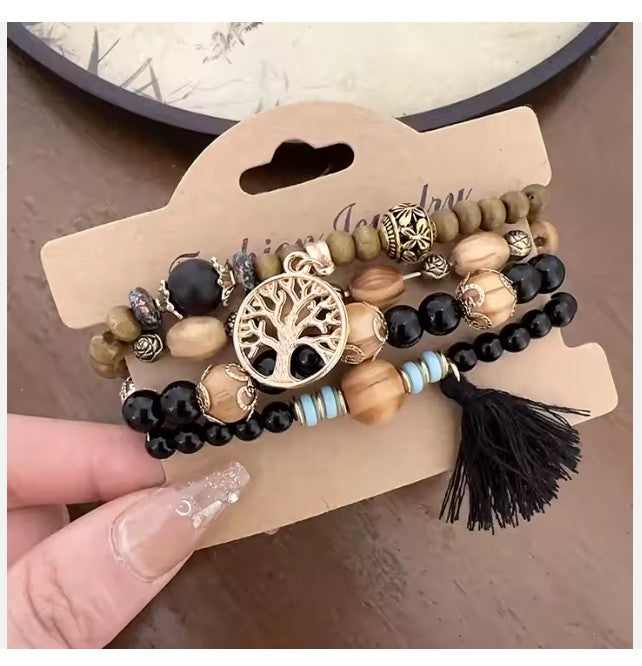 Boho 4 layer bracelet for girls, black boho set, black bead bracelet set