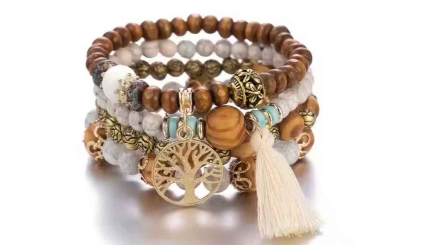 Boho 4 layer bracelet for girls, white boho set, white bead bracelet set