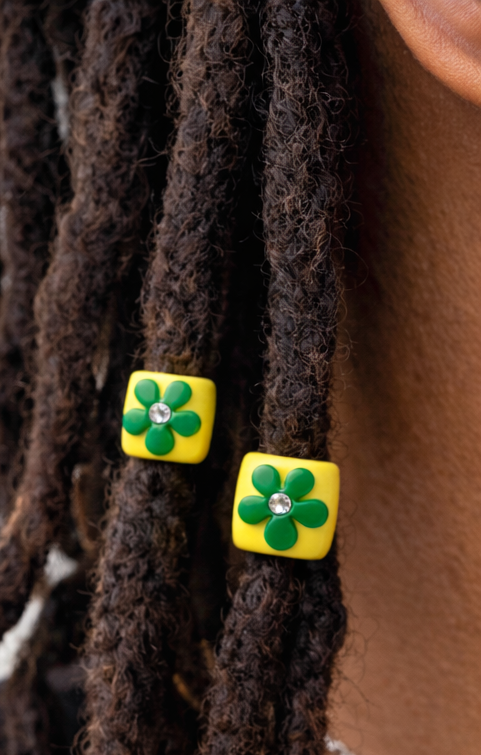 Flower Loc Bead – Yellow & Green | Handmade Polymer Clay Hair Jewelry