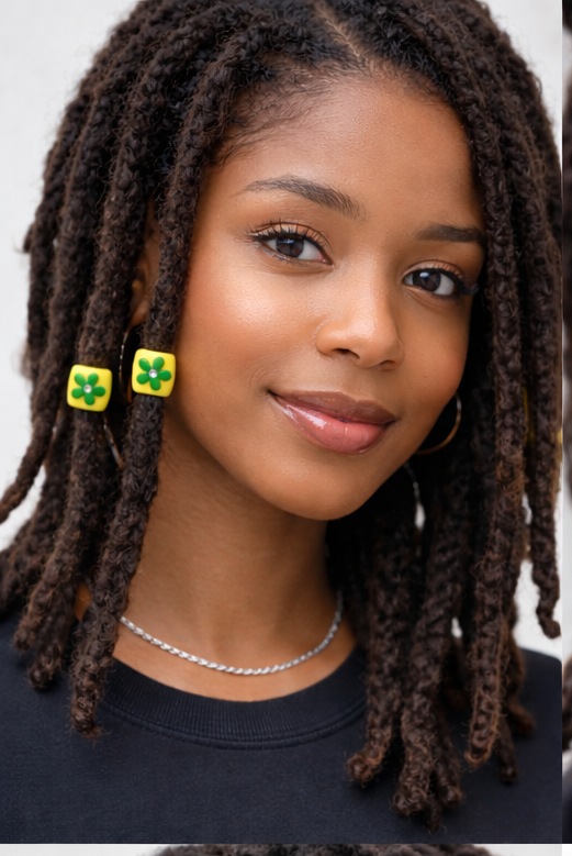 Flower Loc Bead – Yellow & Green | Handmade Polymer Clay Hair Jewelry