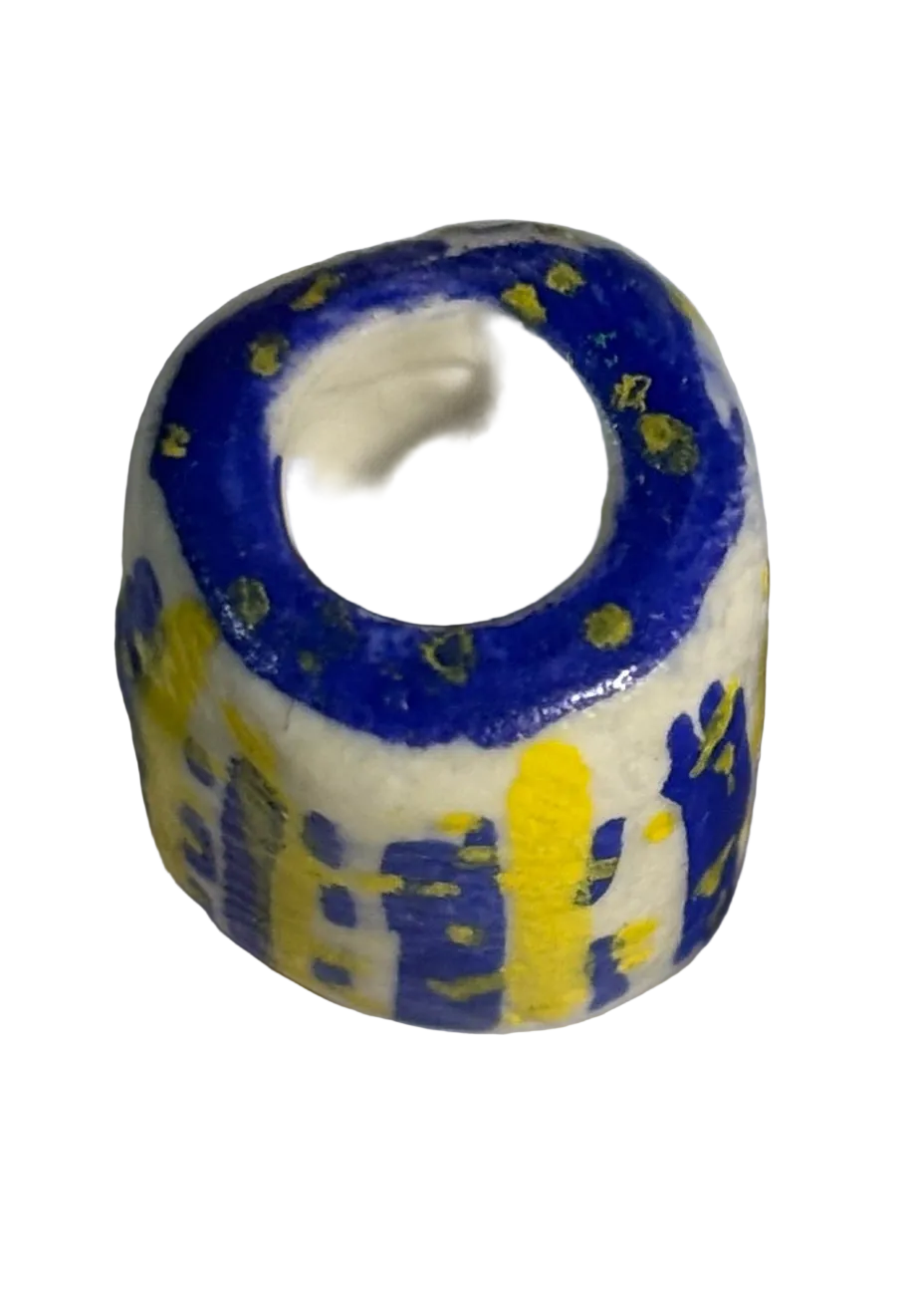Hand Painted Loc Bead – Blue & Yellow Stripe Pattern | Artisan Dreadlock Bead
