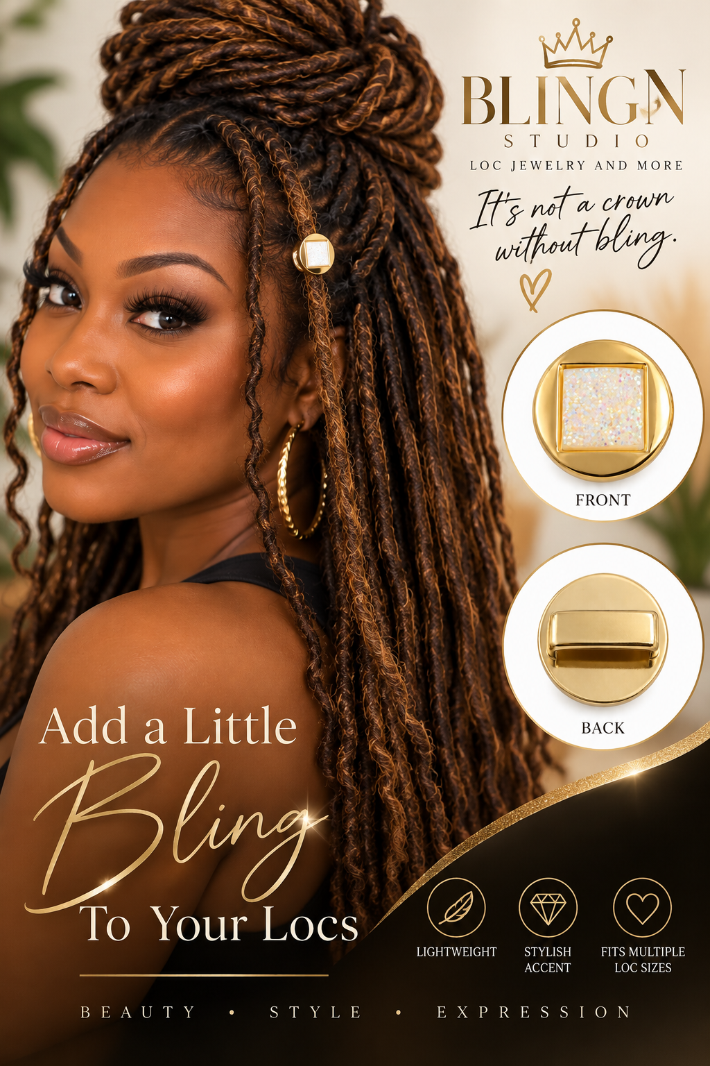 BlingN Studio graphic for the iridescent square crystal loc bead