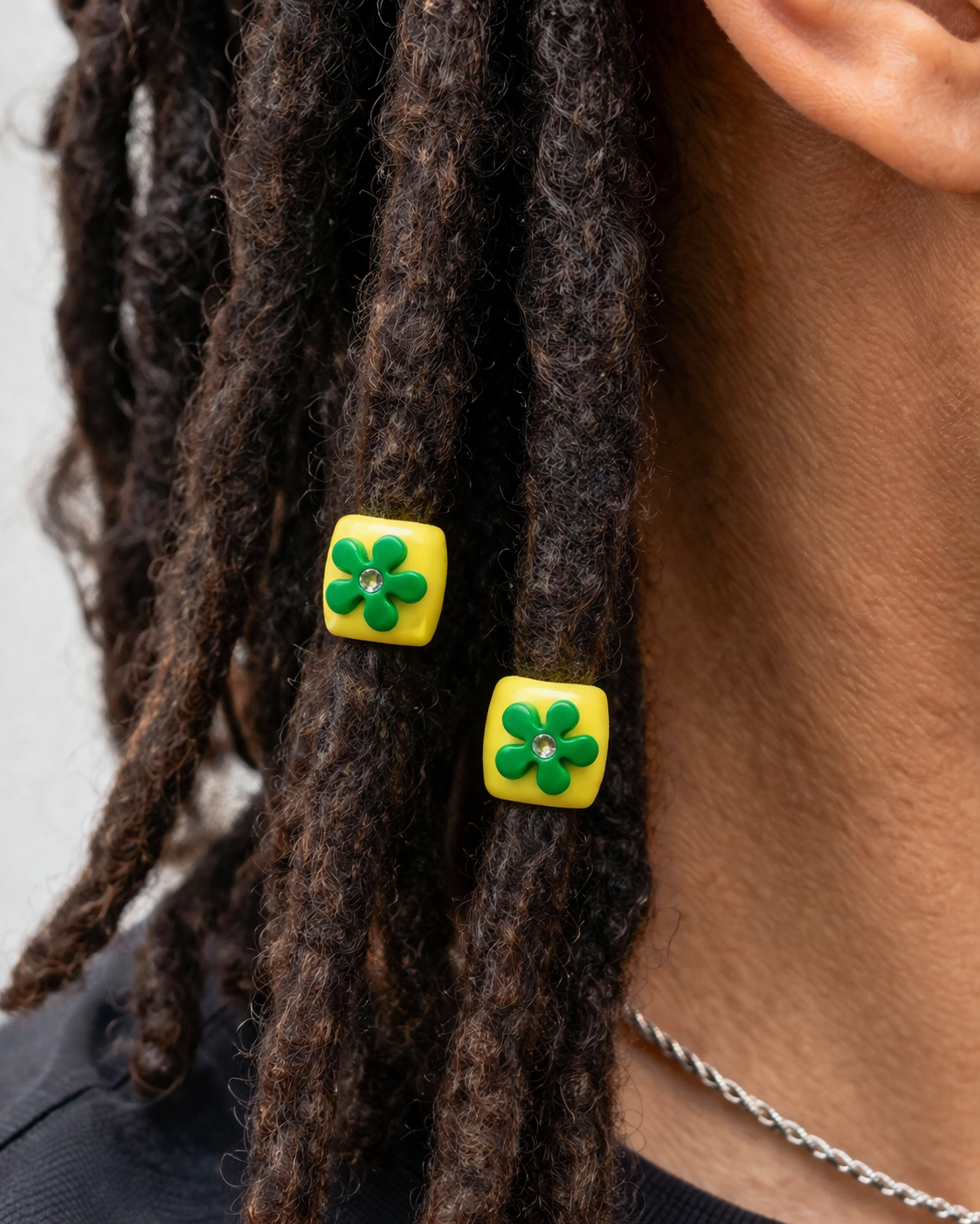 Flower Loc Bead – Yellow & Green | Handmade Polymer Clay Hair Jewelry