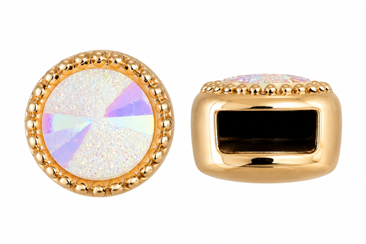 Iridescent crystal halo loc bead shown front and back, gold beaded edge with aurora crystal face