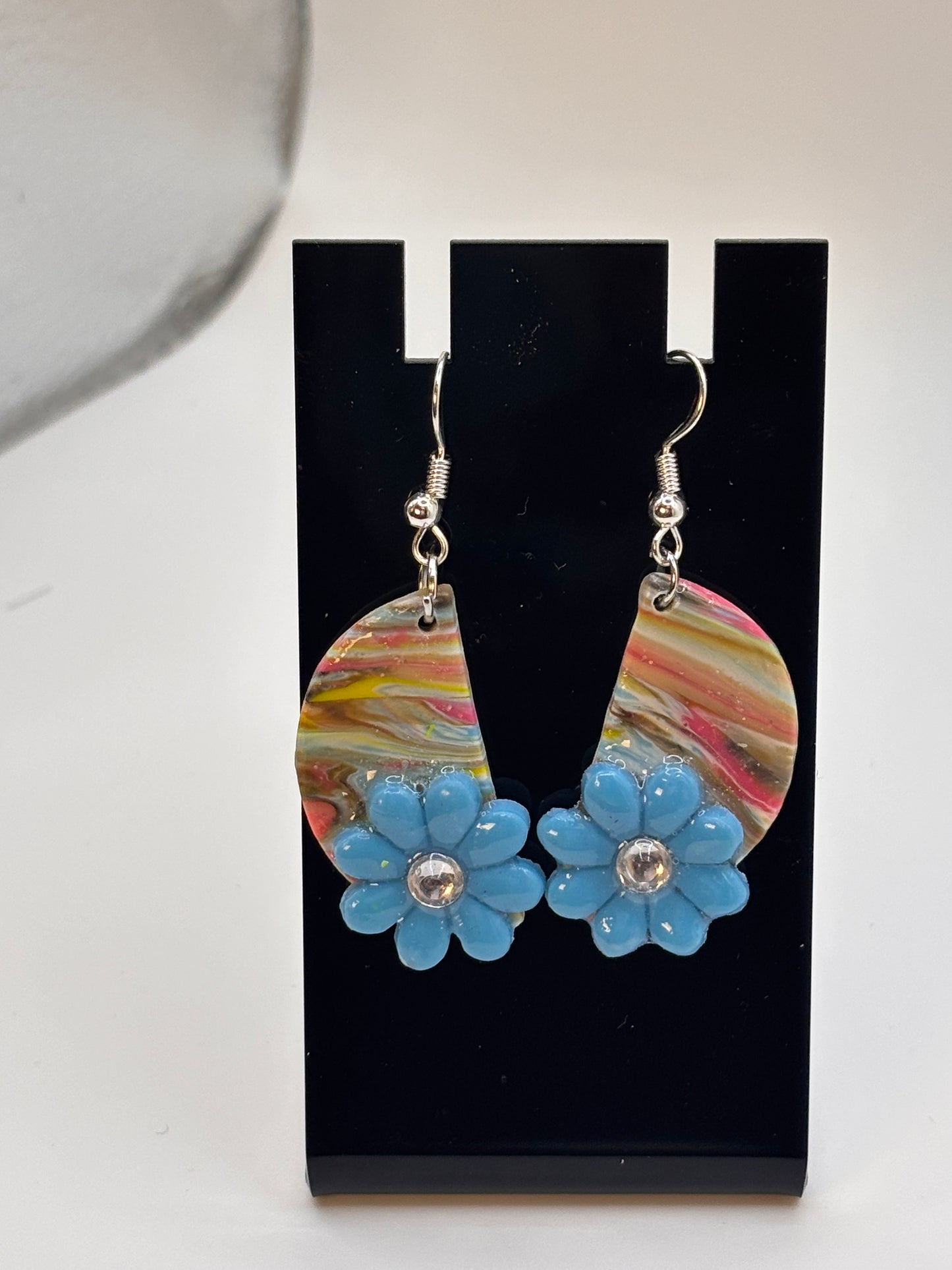 Blue Yellow and Pink Bloom Marble Drop Earrings