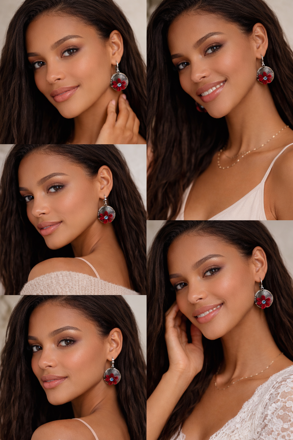 Gem & Crimson Bloom Statement Earrings | Handmade Marbled with Red Floral Accent | Lightweight Dangle Jewelry