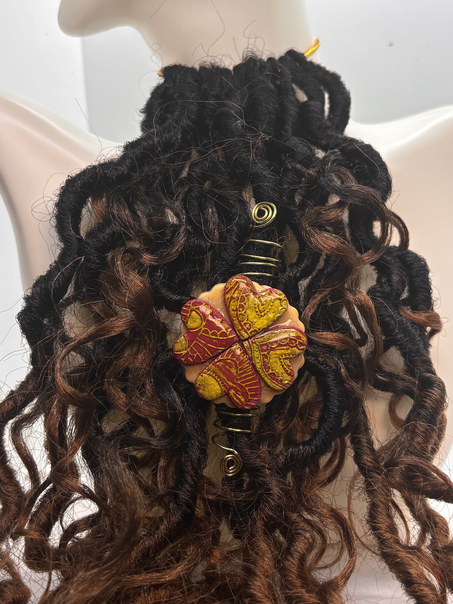 Afrocentric Heart Loc Jewelry | Red & Gold Embossed Dreadlock Accessory | Handmade Statement Piece for Locs