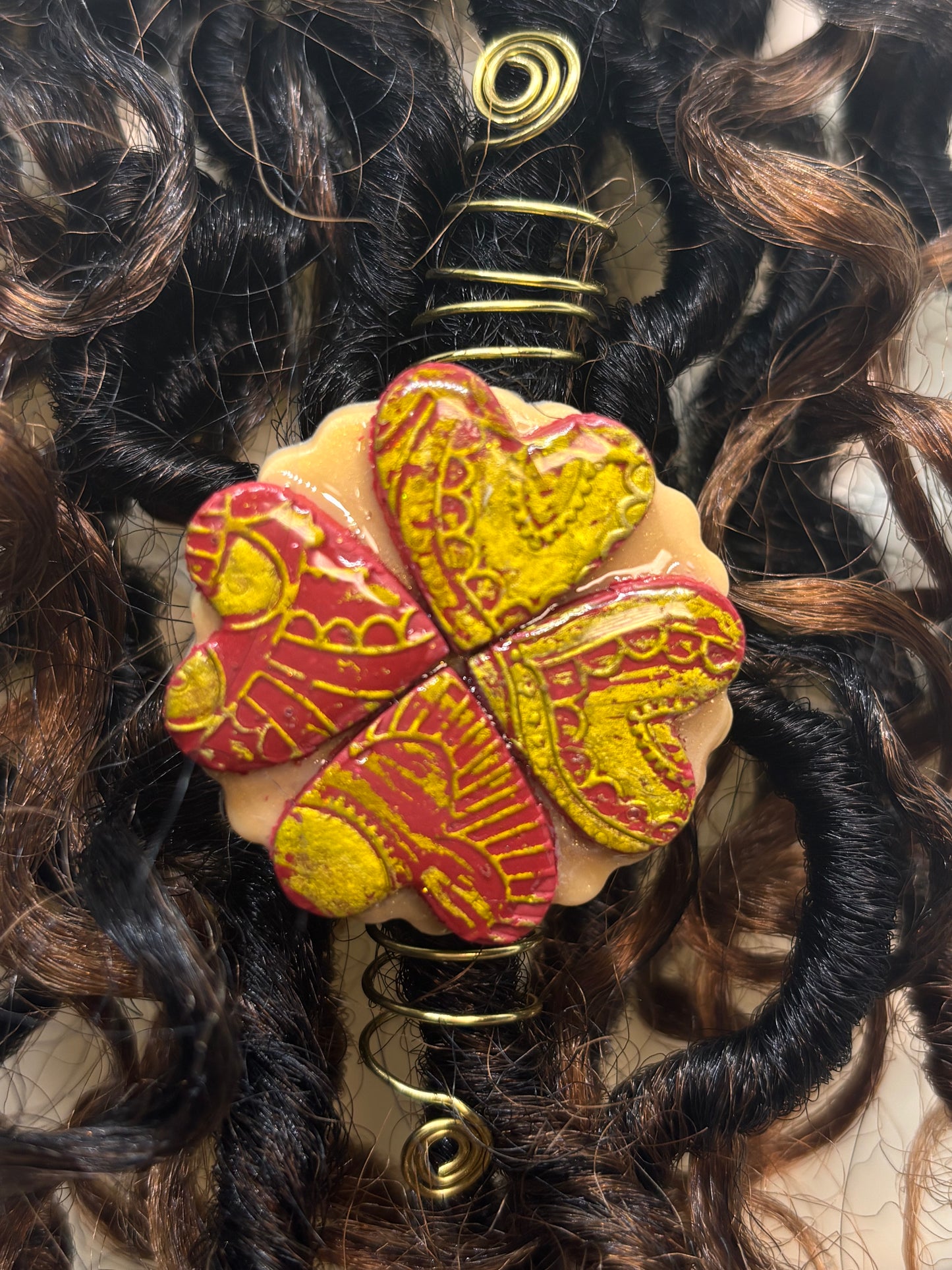 Afrocentric Heart Loc Jewelry | Red & Gold Embossed Dreadlock Accessory | Handmade Statement Piece for Locs
