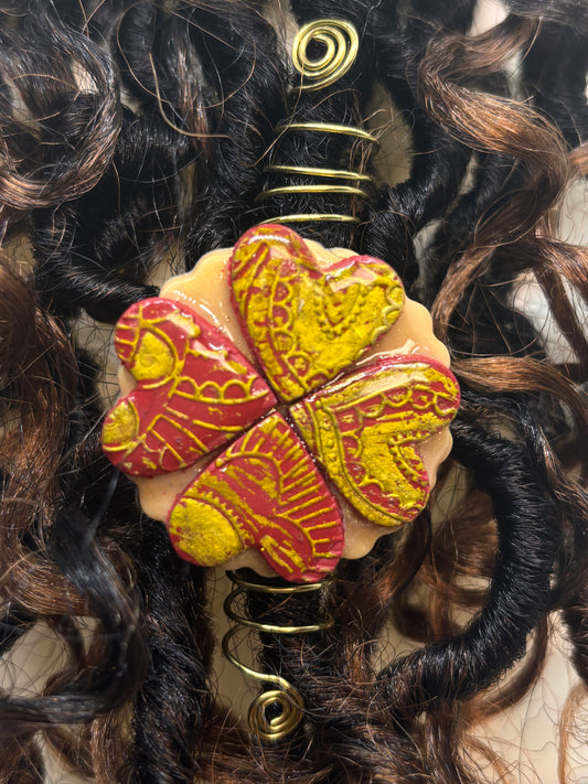 Afrocentric Heart Loc Jewelry | Red & Gold Embossed Dreadlock Accessory | Handmade Statement Piece for Locs