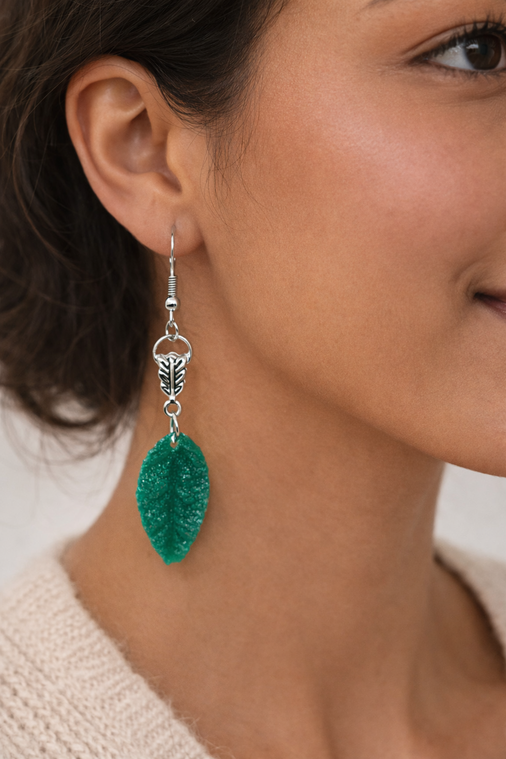 Green Crystal Leaf Statement Earrings