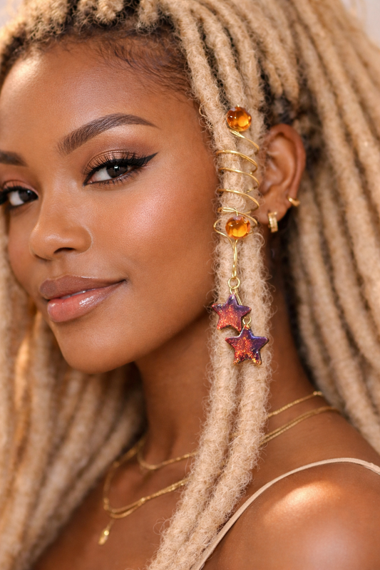 Celestial Ember Star Loc Spiral – Gold Dangle Hair Jewelry