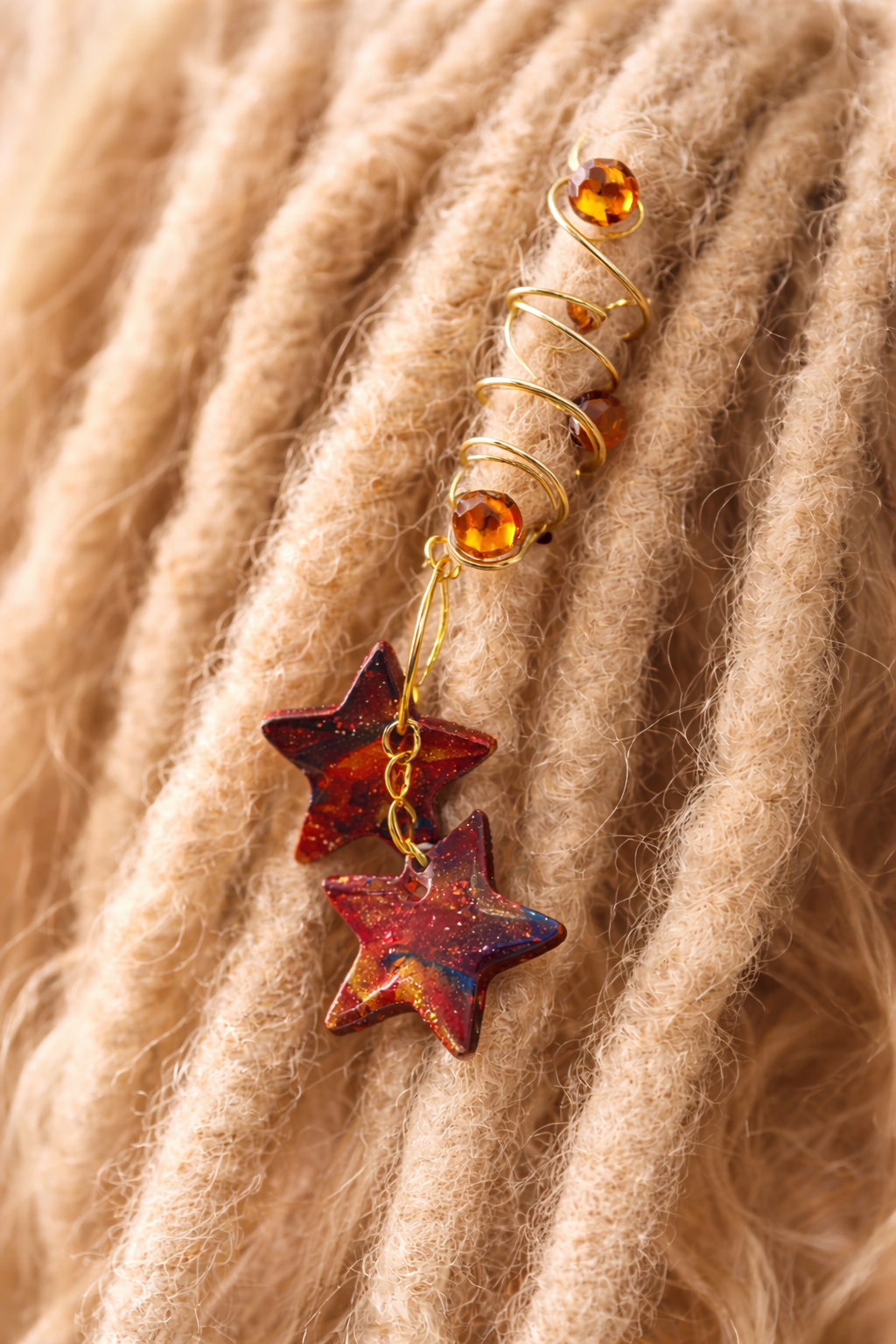 Celestial Ember Star Loc Spiral – Gold Dangle Hair Jewelry